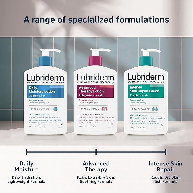 Lubriderm Advanced Therapy Fragrance-Free Moisturizing Hand & Body Lotion + Pro-Ceramide,Intense Hydration for Itchy,Extra Dry,& Sensitive Skin,Non-Greasy,Hypoallergenic,6 fl. oz,(Pack of 2)