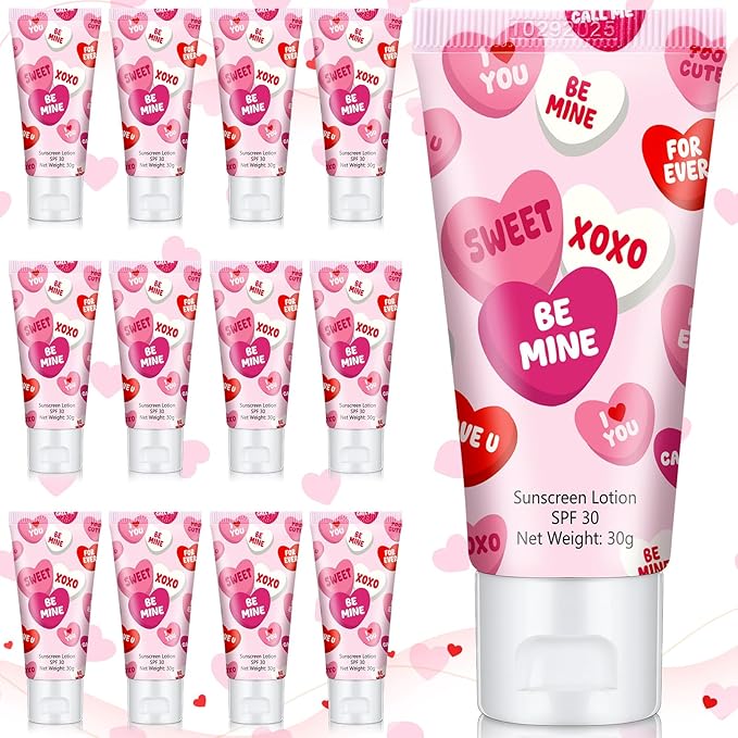 12 Pcs Mini Sunscreen Bulk for Summer Travel Size Spf 30 Water Resistant Sunscreen Lotion Bulk for Thank You Gifts Hawaiian Wedding Bridal Party Favors for Pool Wedding(Valentine)