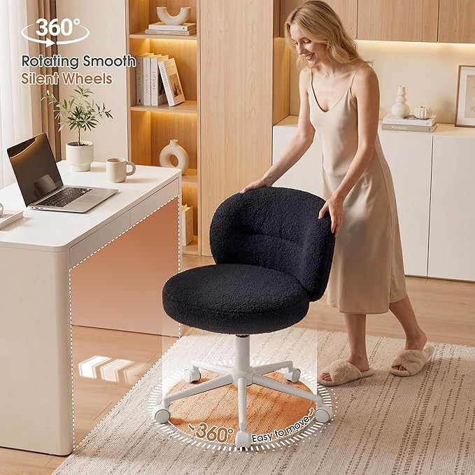 Small Round Desk Chair, Armless Vanity Chair with Wheels, Height Adjustable & 360° Swivel, Cute Comfy Vanity Computer Chair for Bedroom, Home Office, Black