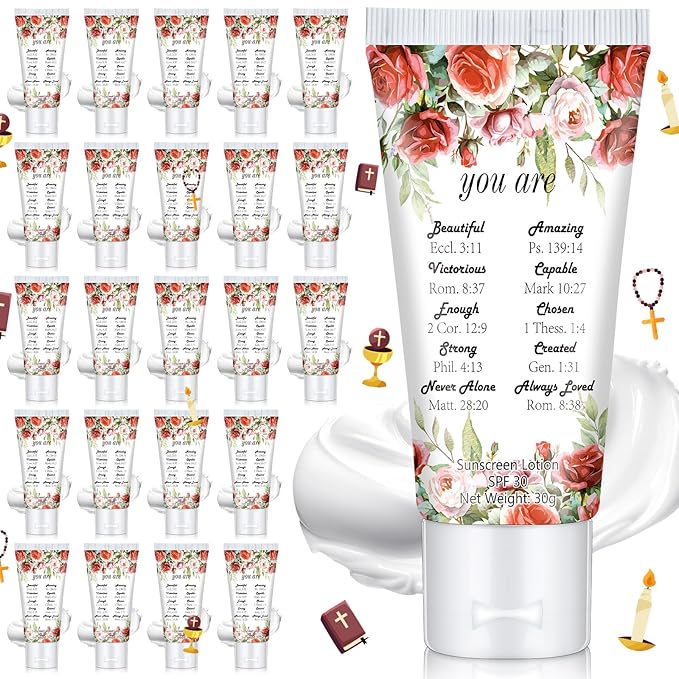 24 Pcs Mini Sunscreen Bulk for Summer Wedding Party SPF 30 Water Resistant Sunscreen Lotion Bulk 1oz Travel Size for Thank You Gifts Wedding Party Supplies(White Cream,Religious)
