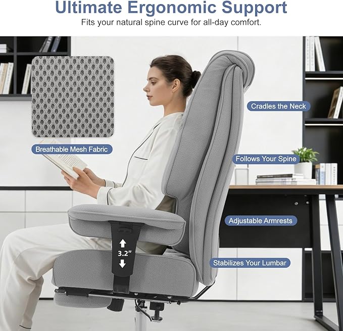 Big and Tall Office Chair 400lbs Wide Seat, Leather High Back Executive Office Chair with Foot Rest, Ergonomic Chairs Lumbar Support for Lower Back Pain Relief (Mesh Dove Grey)