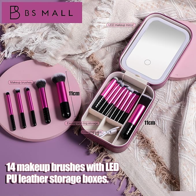 BS-MALL Makeup Brushes Set 14 Pcs with LED Light Mirror – Premium Cosmetic Tools for Flawless Beauty Routines (Purple)