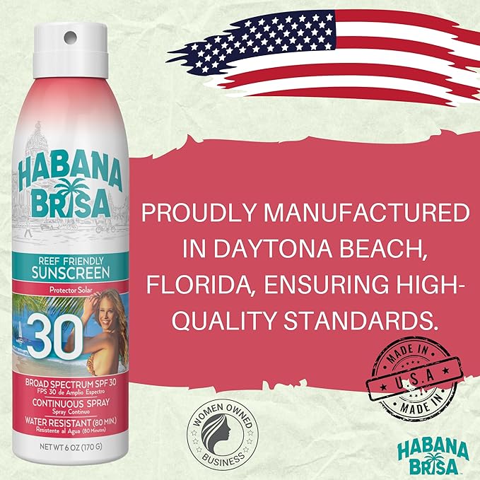 Habana Brisa Reef Friendly SPF 30 Sunscreen Spray – Vegan, Non-Toxic, Water & Sweat Resistant, Broad Spectrum UVA/UVB Protection, 6oz (Single Pack)
