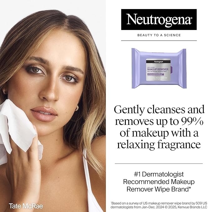 Neutrogena Makeup Remover Night Calming Cleansing Towelettes, Disposable Nighttime Face Wipes to Remove Dirt, Oil & Makeup, 25 ct