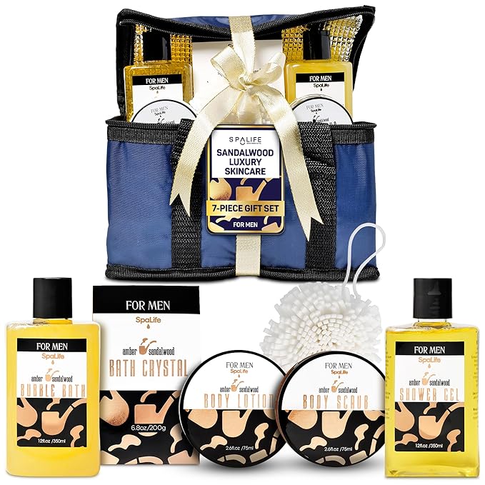 SpaLife Luxury Spa Skincare Sandalwood Gift Set for Men | Mens Body Wash Gifts | Mens Gift Set for Bath and Body | Gifts for Men | Cleansing, Moisturizing, Exfoliating | 7-Piece Bundle