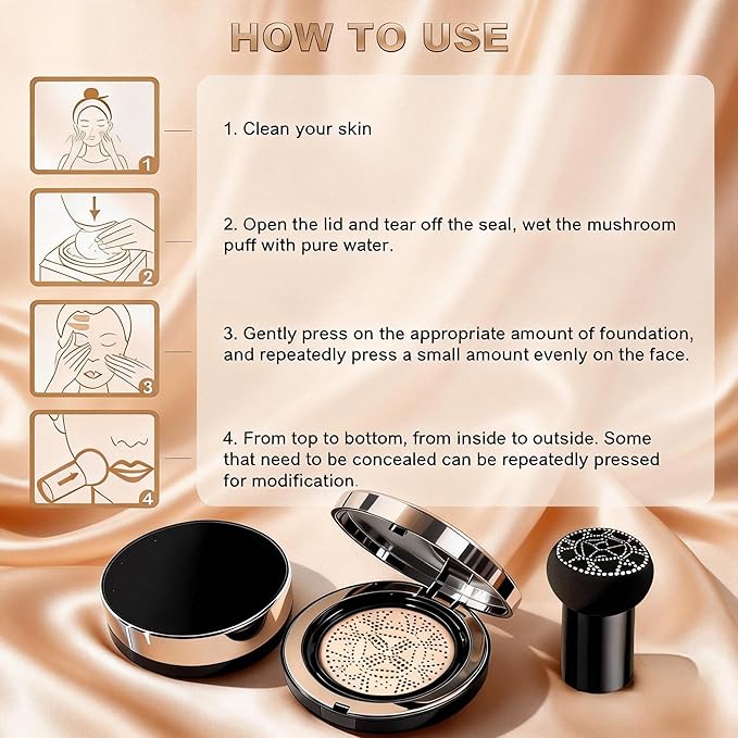 Glow Foundation, Foundation for Older Women - Mushroom Head Air Cushion CC Cream BB Cream, Moisturizing Long Lasting Full Coverage Concealer, Warm Tone for Light/Medium Complexions(2)