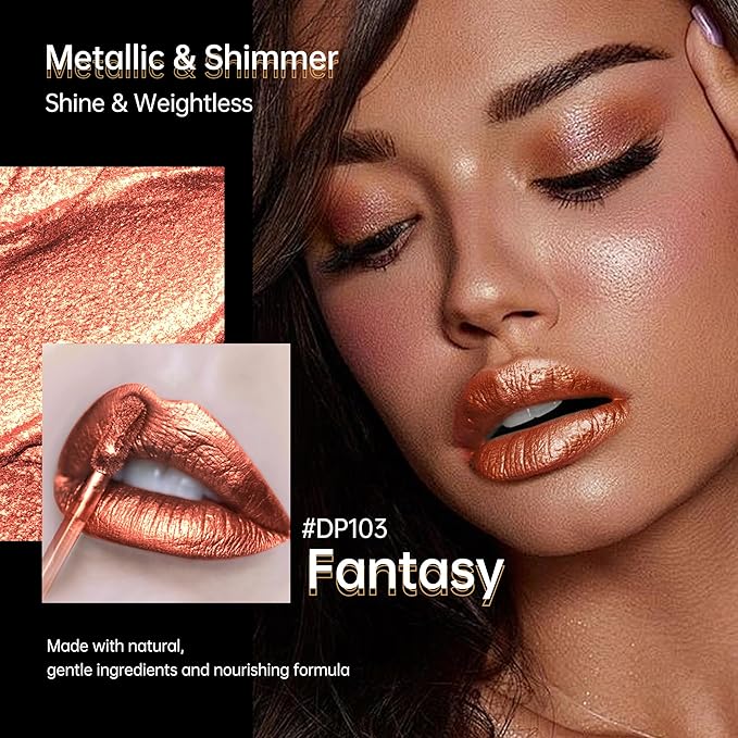 Bronze Lipsticks for Women Metallic Lipstick Long Lasting Non Stick Cup Lip Gloss, Metal Shine Lightweight Hydrating Full Coverage Lip Color, DP103 Fantasy
