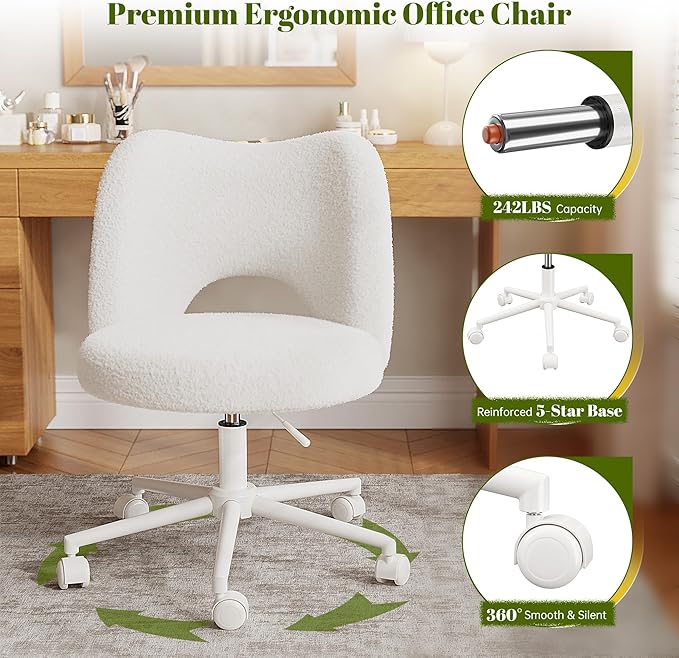 Vanity Chair with Wheels Armless, White Vanity Chair with Back,Ultra-Plush Fleece Cute Desk Chair, Small Office Chair Height Adjustable,for Make-up Room,Bedroom