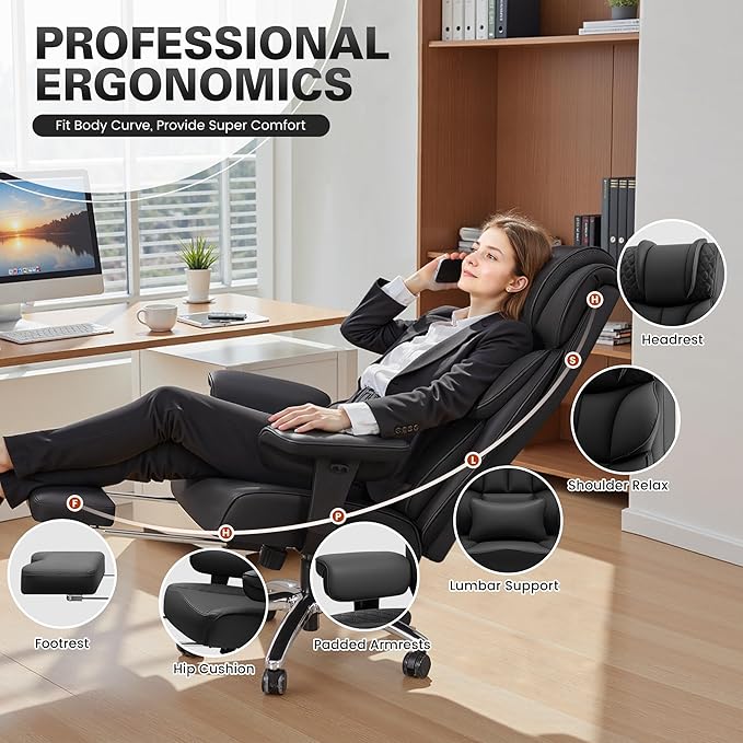 Office Desk Chair, Big and Tall Leather Gaming Chair with Footrest, Wide Ergonomic Comfy Executive High-Back Reclining Computer Chairs, Swivel Rolling Wheels and Padded Lumbar Support, Black