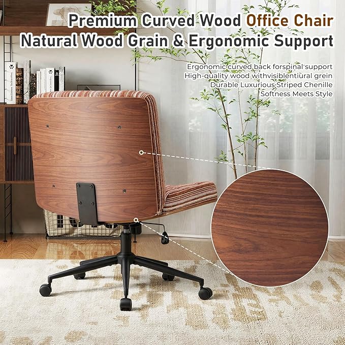Furnimart Heavy-Duty Curved FSC Wood Desk Chair 360° Swivel, Premium Chenille Criss Cross Chair with Wheels Wide Seat, Comfy Armless Cross Legged Sitting for Bedroom, Office, Vanity(Dark Brown)