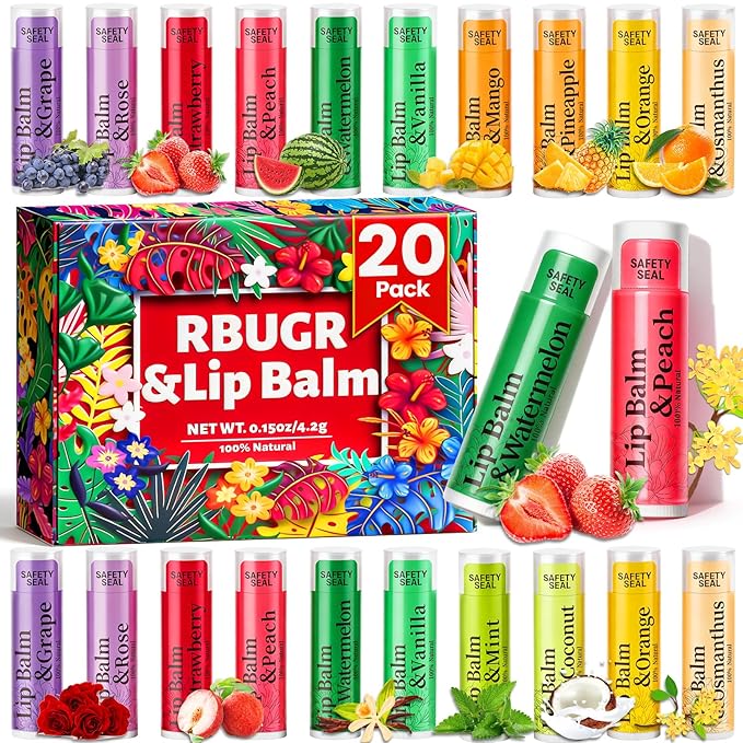 20 Pack Lip Balm Bulk- 12 Flavored Lip Balm Set Natural Moisturizing Hydrating for Dry Cracked Lips, Valentines Gifts for Women & Party Favors Mini Balm Pack (4.2g/0.15oz)
