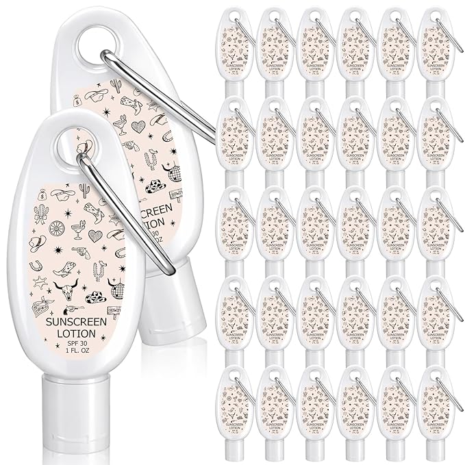 Leelosp 30 Pcs Mini Sunscreen with Carabiner Bulk Travel Size 1 Fl oz Water Resistant Spf 30 Sunblock Lotion Party Favors for Guests Western Cowboy Rodeo Cowgirl Birthday Bachelorette Gifts