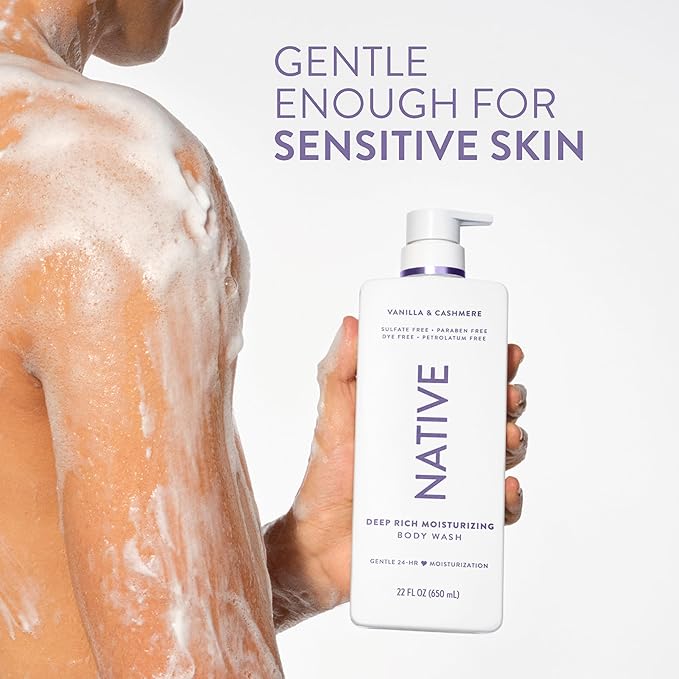 Native Moisturizing Body Wash, Vanilla & Cashmere, 24-Hour Hydration for Dry & Sensitive Skin, Made with Real Shea Butter, Sulfate & Paraben Free, 22 oz