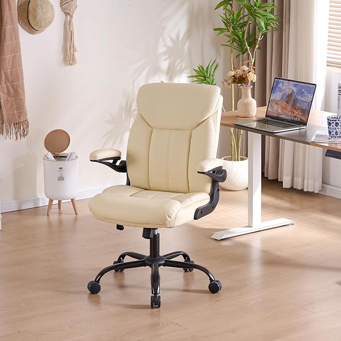 Home Office Ergonomic Desk Chair - Comfy Leather Executive Chair with Flip-Up Armrests, Lumbar Support, 360° Swivel & Rocking (Beige)