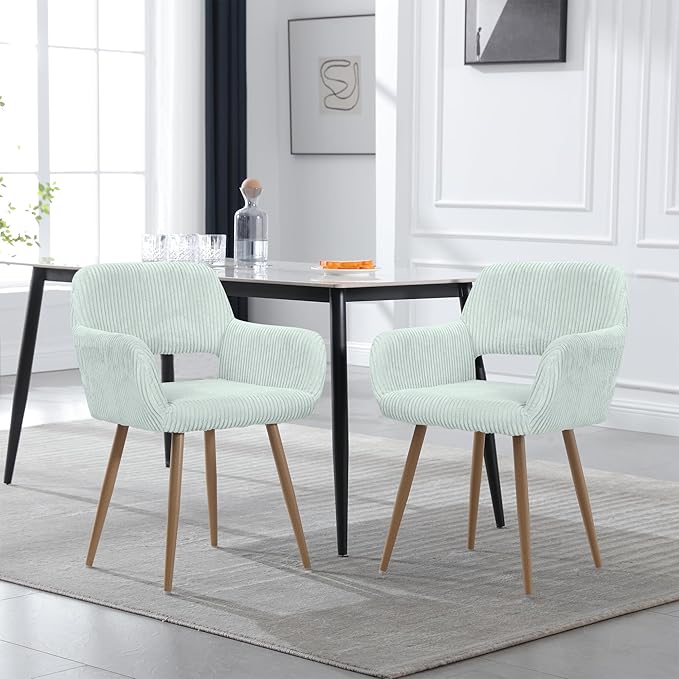 KCC Small Modern Dining Room Arm Chairs 1 Piece, Mid-Century Upholstered Corduroy Fabric Side Seat Club Guest with Metal Tube Legs for Kitchen, Living Room, Blue