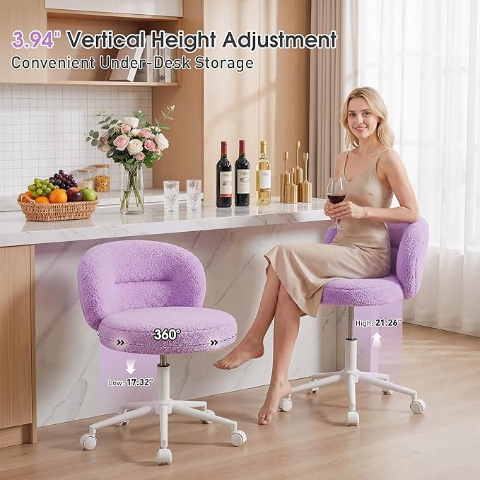 Small Round Vanity Chair, Armless Home Office Desk Chairs with Back, Height Adjustable & 360° Swivel, Cute Comfy Vanity Computer Chair for Bedroom, Home Office, Purple