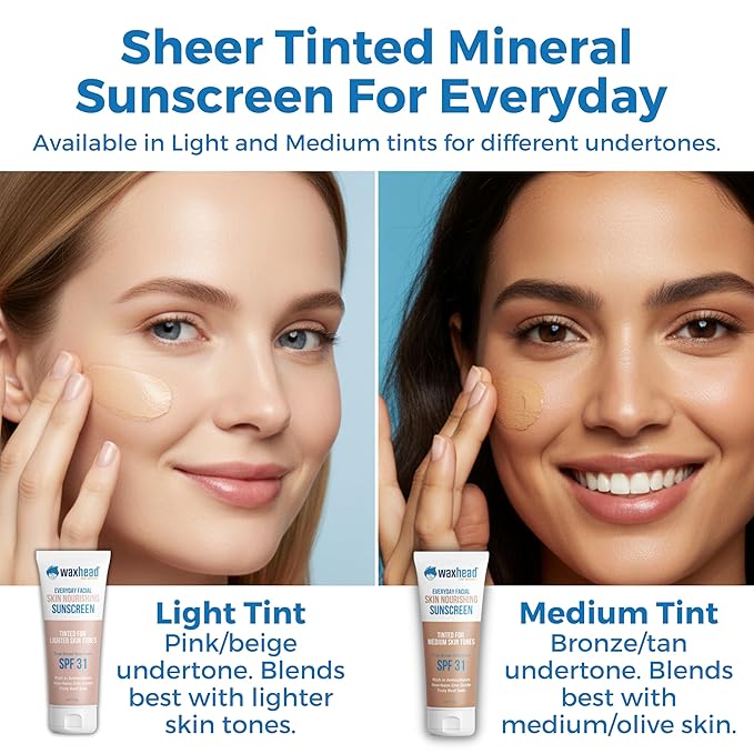 Waxhead Tinted Sunscreen for Face SPF 31, Mineral Formula with 25% Non-Nano Zinc Oxide, Unscented, Non-Comedogenic Tint Moisturizer & Makeup Primer for Daily Wear (Light Tint 4 oz)