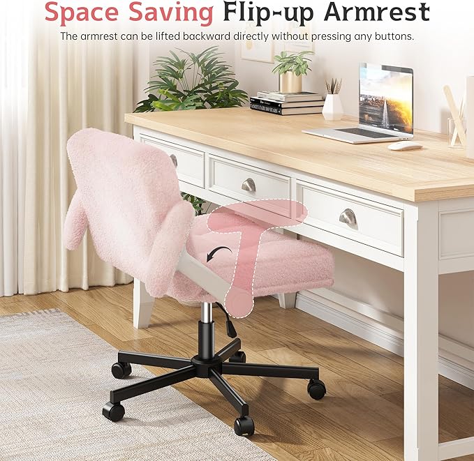 Criss Cross Chair with Wheels and Flip-up Arms, Adjustable Height, Teddy Plush Fabric,Pink, for Bedroom, Home Office, Apartment,Vanity