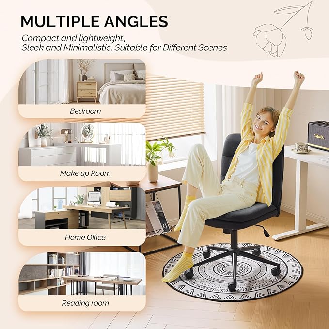 VINGLI Mid Back Armless Office Desk Chair with Wheels/no Wheels,360°Rocking Swivel Vanity Chair with Thickened Cushion,Adjustable Height Rolling for Reading Room, Make up, Linen Black