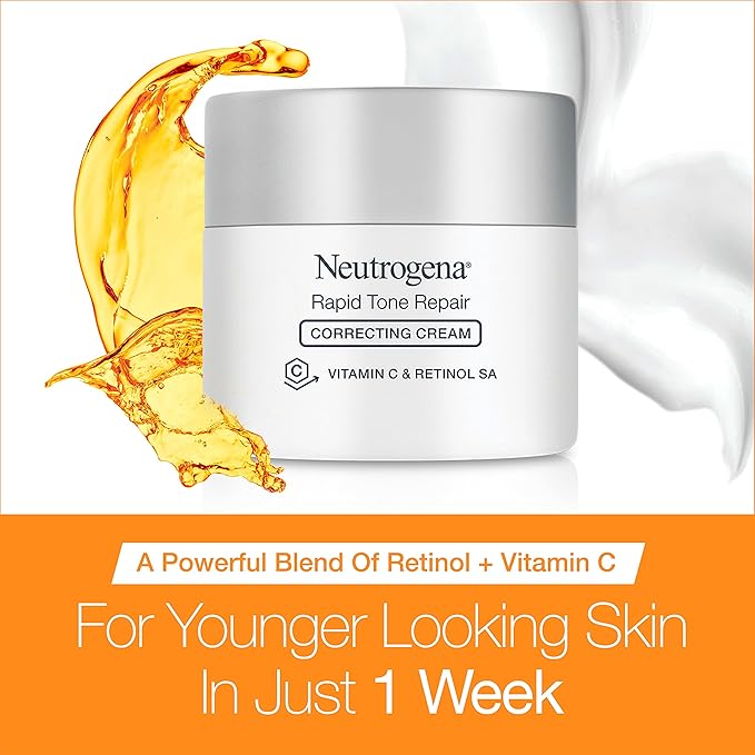 Neutrogena Rapid Tone Repair Retinol + Vitamin C Correcting Cream, Face Moisturizer with Retinol, Hyaluronic Acid & Vitamin C for Dark Spots & Discoloration, 1.7 oz