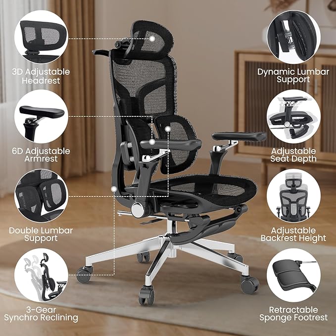 MOJAY Ergonomic Office Chair with Footrest, Big and Tall Desk Chair with Lumbar Support, High Back Home Desk Chair for Long Desk Work, Swivel Rolling Computer Seating with 6D Armrest for Home Office