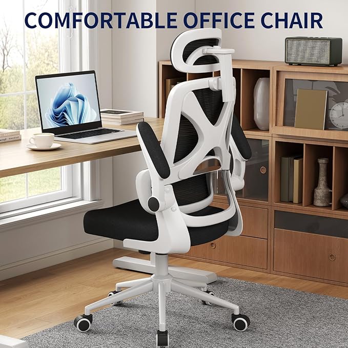 Ergonomic Office Chair - Desk Chair with Adjustable Headrest Lumbar Support Computer Chair - Mesh Comfy Chair with Flip-up Armrests - Gaming Chairs for Adults Home Office 330 LBS (White+Black)