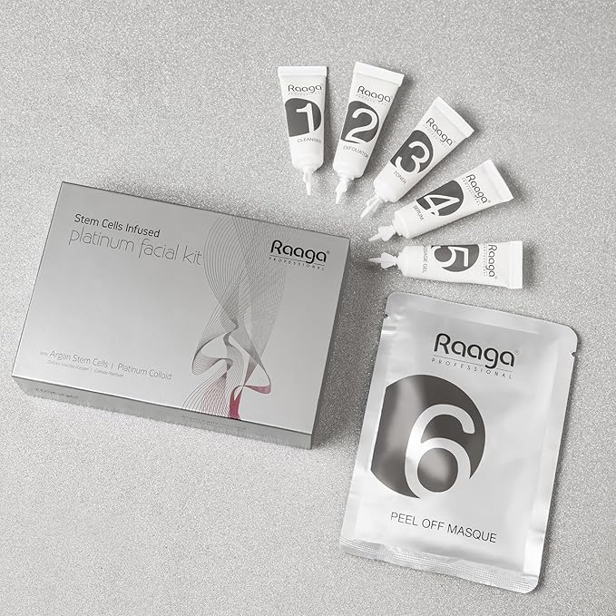 Raaga Professional Platinum Facial Kit, 6 Steps | with Facial Cleanser, Exfoliator, Toner, Serum, Gel & Peel off Mask | Intense Hydration, Reduces Dryness