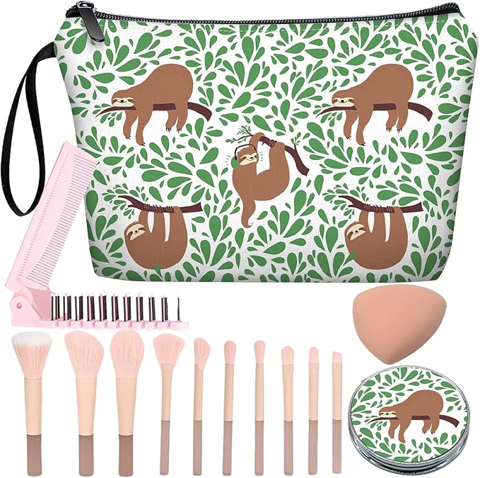 Personalized cute Sloth Makeup Bag set with Mirror for Women,Sloth theme Travel Cosmetic bag kit for Bride Bridesmaid with10 pieces pink brush set,Sloths Stuff Gifts for Women Mom femal Friends