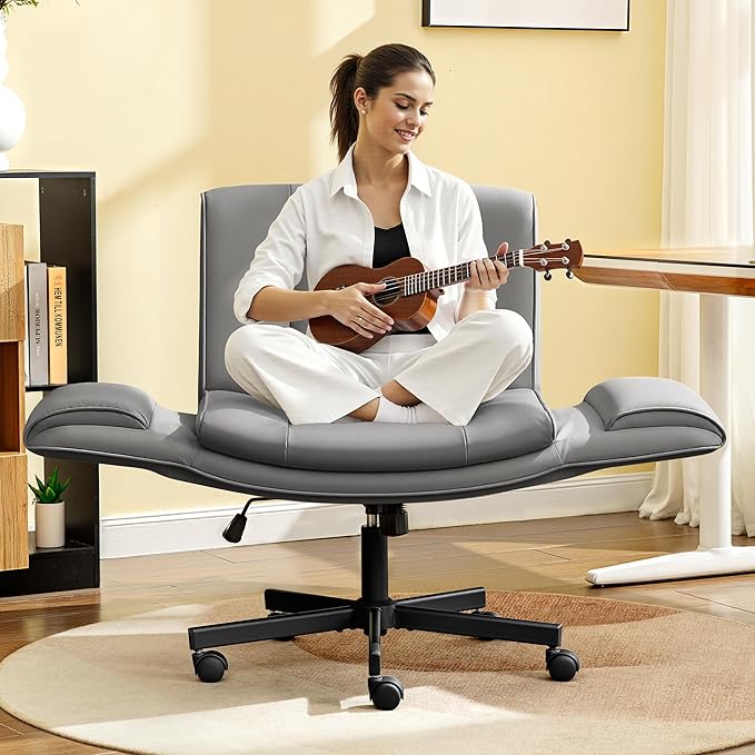 Criss Cross Chair with Wheels & Armrests,Comfy Wide Vanity Chair,Scratch-Resistant Pu Leather Cross Legged Desk Chair,Height Adjustable Computer Office Desk Chairs for Home,Makeup,Bedroom