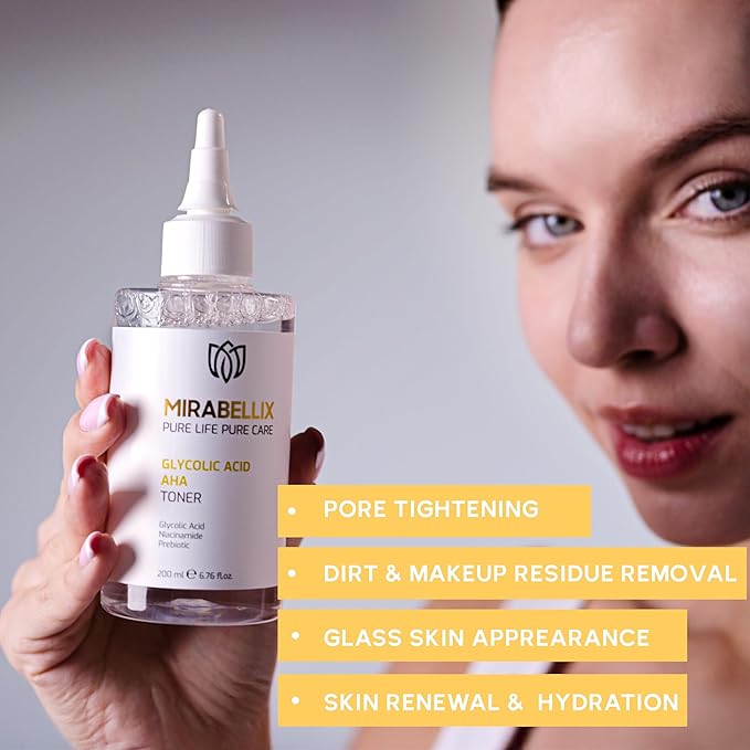 Glycolic Acid AHA Toner 200ml - Exfoliating Face Toner with Niacinamide, Prebiotics & Witch Hazel Water for Oily, Combination, and Blemish-Prone Skin - Brightens, Smooths, and Tightens Skin