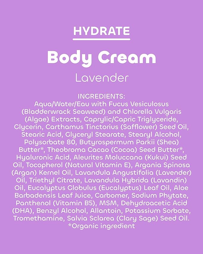 Seaweed Bath Co. Hydrate Body Cream - Lavender - Hydrating Scented Moisturizer for Body and Hands - With Vitamin E, Hyaluronic Acid and Shea Butter for Dry Skin - 6 oz