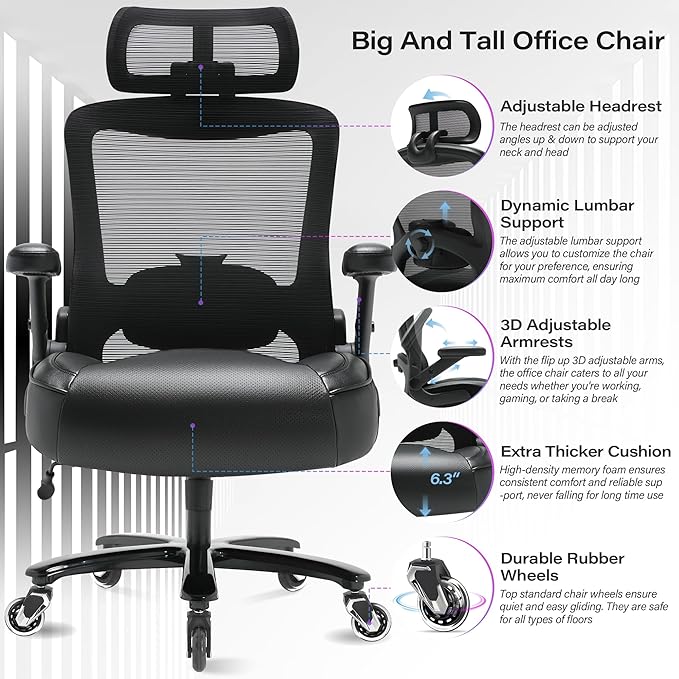 Big and Tall Office Chair 600lbs with 3D Flip Arms Adjustable Headrest - Heavy Duty Large Wheels Executive Computer Desk Chair, Ergonomic Lumbar Support Mesh High Back Plus Size Chair for Adults