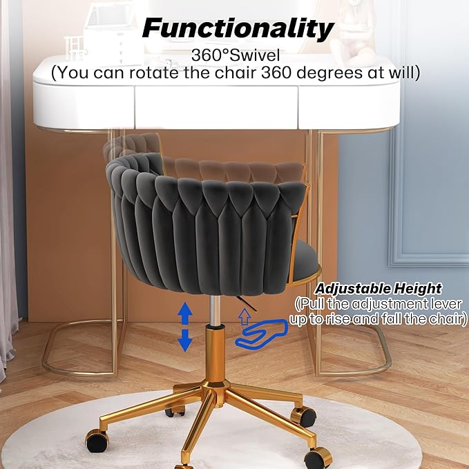 Velvet Woven Home Office Chair, Modern Swivel Desk Chair with Wheels, Height Adjustable Vanity Chair with Gold Metal Base and Hand Weaving Back for Bedroom Study Small Space, Black