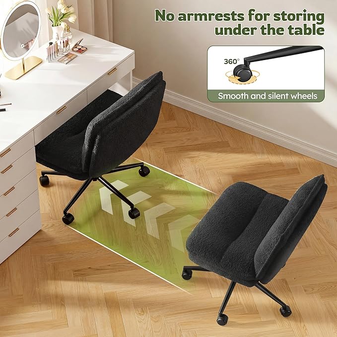 Criss Cross Chair with Wheels, 7" Extra Thick Cross Legged Office Chair, Height Adjustable Swivel Design for Home Office, Study & Vanity,Black