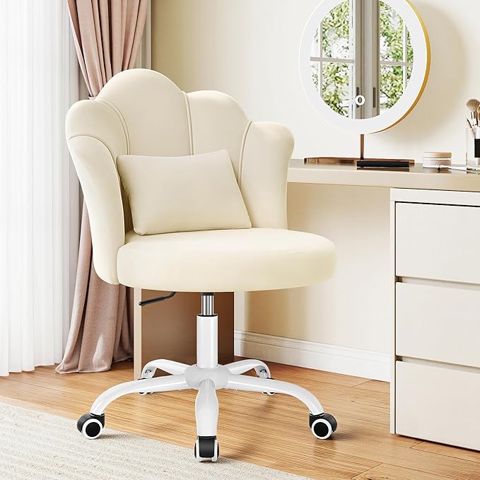 Petal Vanity Chair with Wheels, 3.15" Extra Thick Comfy Makeup Chair, Adjustable Modern Swivel Armless Desk Chair for Girls Women, Aesthetic Small Office Chair for Bedroom Dorm