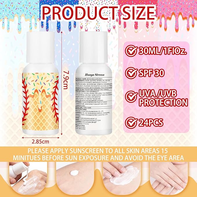 Demissle 24 Pcs Ice Cream Baseball Gifts Mini Sunscreen Bulk SPF 30 Travel Size Sunscreen Ice Cream Dripping Party Favors for Baseball Birthday Sports Team Summer Gifts, 1 Fl. oz