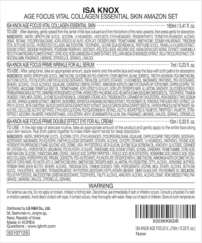 ISA KNOX Age Focus Vital Collagen Essential Toner by LG Beauty, Prime Wrinkle for All Serum & Prime Eye for All Cream (177 ml/5.99 fl oz) - Korean Skin Care by LG Beauty.
