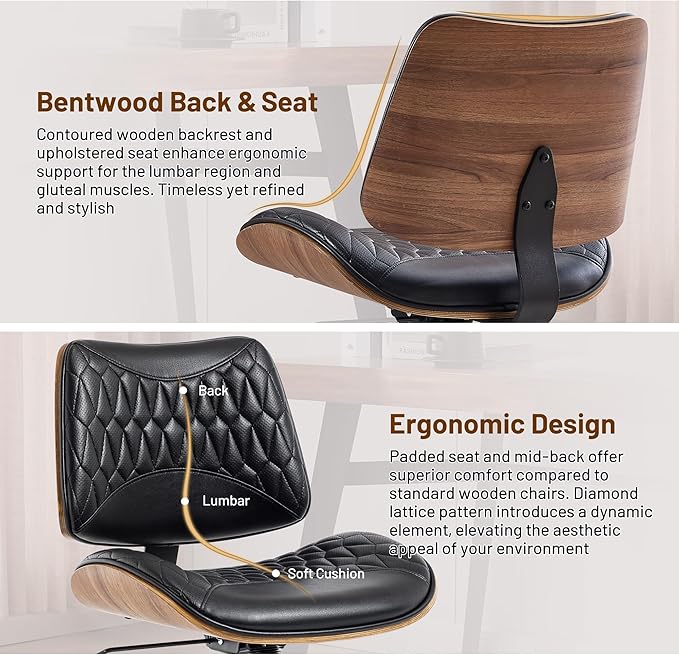 Walnut Bentwood Mid Back Armless Office Chair 1 Pack, Adjustable Height PU Leather Swivel Desk Chair with Wheels, Rolling Computer Task Chair for Home Office, Study, Meeting Room