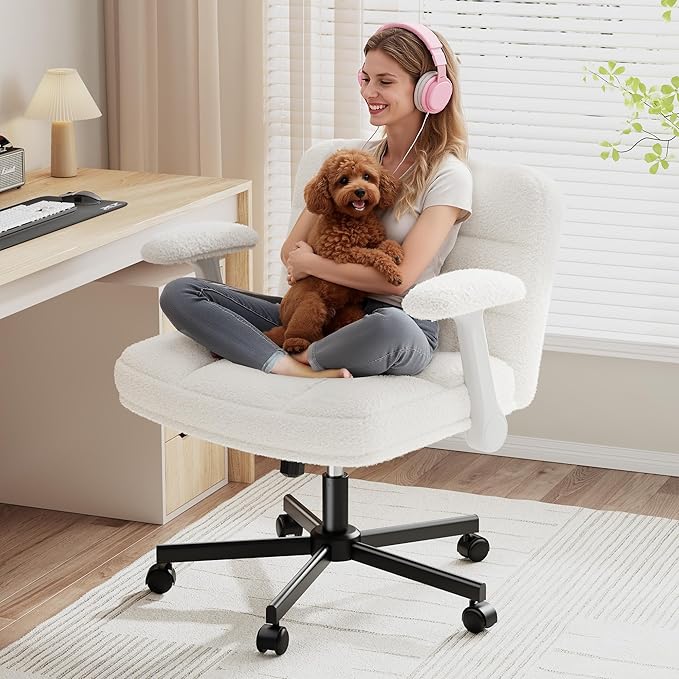 Criss Cross Chair with Wheels, Office Chair with Flip-up Armrests, Vanity Chair for Bedroom, Home Office, Apartment, Plush Fabric, White