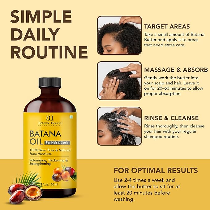 Botanic Hearth Batana Oil for Hair Growth & Hair Treatment Oils 2 Fl Oz | Dr Sebi Inspired, 100% Raw & Pure Batana Oil | Scalp & Hair Treatment for Thickness & Strength | All Hair Types