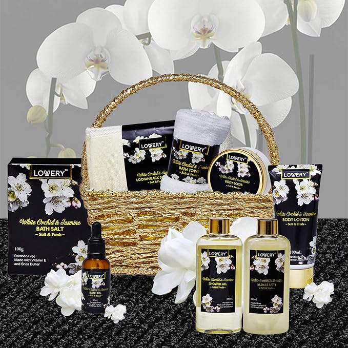 Gift Baskets for women Mom Gifts, Bath and Body Spa Set– Orchid & Jasmine Home Spa Set With Body Scrubs, Lotions, Oils, Gels and More - Care Package for Women & Men - 9 Piece Set