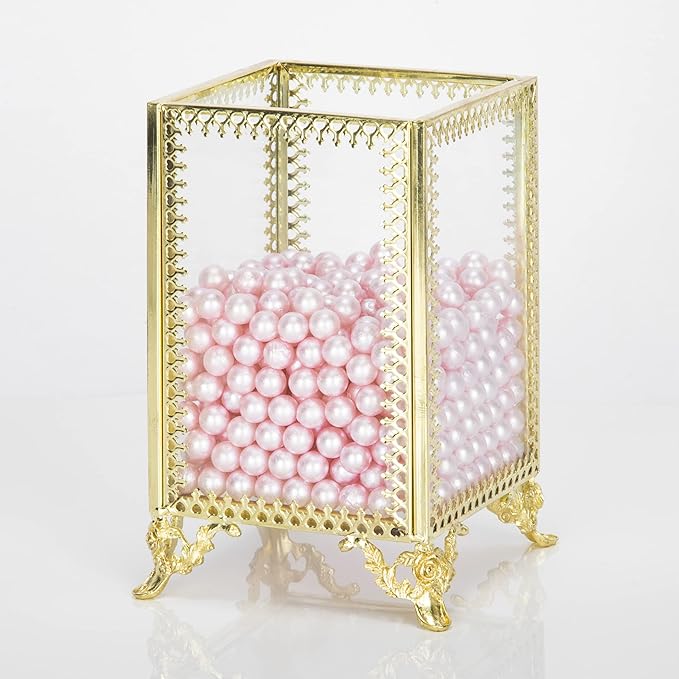 Makeup Brush Holder Vintage Glass Handmade Organizer with Pink Pearls for Nail Brush, Vanity, Bathroom, Dresser, Countertop - Gold