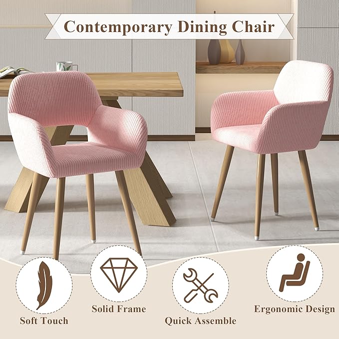 Home Office Desk Chair Set of 1, Corduroy Fabric Vanity Chair for Makeup with Hollow Backrest, Comfy Armchair Wood Frame with Strudy Metal Legs, Pink