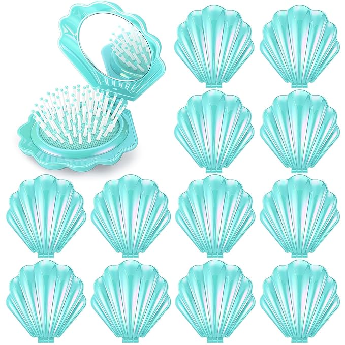 Meanplan 12 Pcs Mermaid Party Favors Shell Hair Brush with Mirror Foldable Mini Travel Pocket Hair Brush Compact Makeup Comb for Women Girls Valentines Day Birthday Gifts(Cyan)