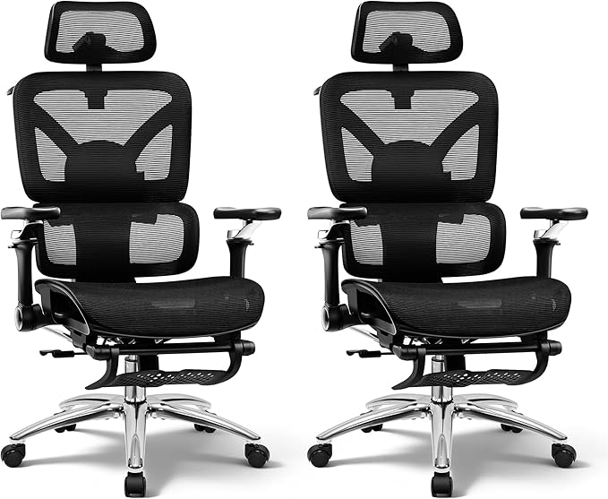Ergonomic Office Chair with Footrest, Big and Tall Home Desk Chair, High Back Rolling Computer Chair with 5D Flip-Up Arms and Lumbar Support, Comfy Gaming Chair, Black-2 Pack