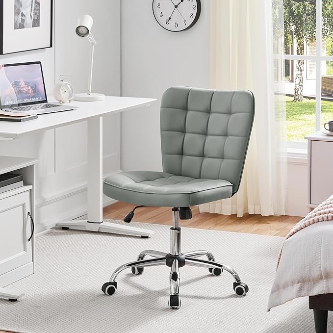 Yaheetech Armless Desk Chair Modern Tufted Office Chair Faux Leather Upholstered Computer Chair with Adjustable Seat Height and Rolling Wheels for Home/Office, Light Gray