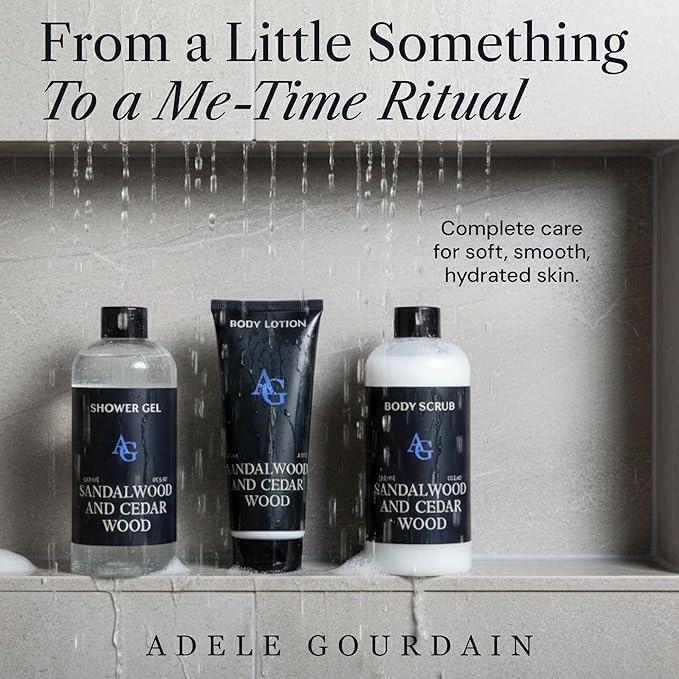 Shower Kit Men, Bath and Body Gift Set For Him - Shower Gel, Body Scrub & Body Cream, Sandalwood & Cedar Scent, 3 pcs 720ml - Skin Care Kit Fathers Day Birthday Idea for Him