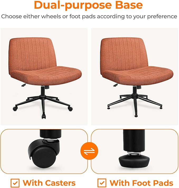 NEO Chair Criss Cross Chair with Wheels Armless Cross Legged Office Desk Wide Comfy Vanity Makeup Chair Adjustable Swivel Rolling Computer for Home Office Fabric (Brown)