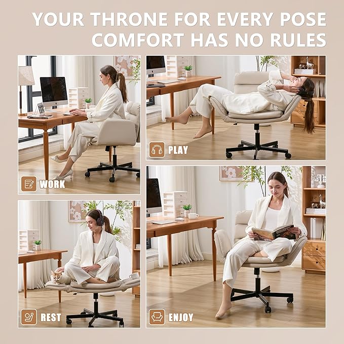 Criss Cross Chair with Flip-Up Arms & Swivel Wheels, Vanity Chair with Adjustable Height & Side Pockets, Comfortable Wide Seat Reclining Computer Office Desk Chairs for Home Office, Make Up, Bed Room