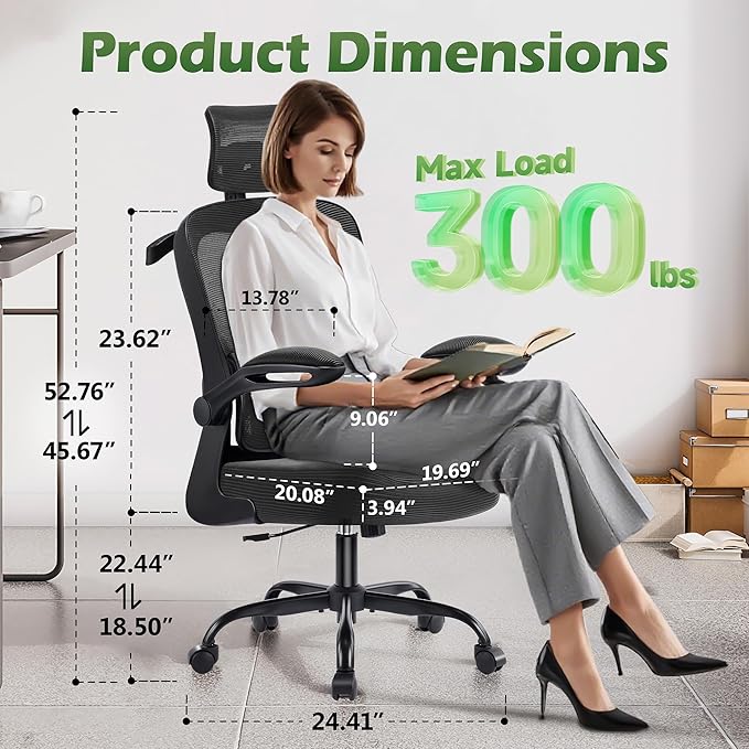 AreShark Office Chair Ergonomic Desk Chairs with Adjustable Lumbar Support& Headrest Hanger, High Back Breathable Mesh Chair with Wheels, Rolling Swivel Comfy Task Computer Chair for Home Work Gaming